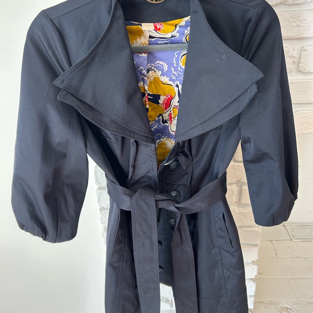 Elegant Black Trench Coat with Floral Interior
